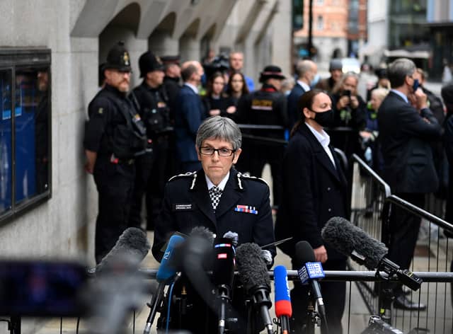 Metropolitan Police Commissioner Cressida Dick makes a statement outside of the Old Bailey, following the sentencing of Wayne Couzens  (Photo by DANIEL LEAL/AFP via Getty Images)