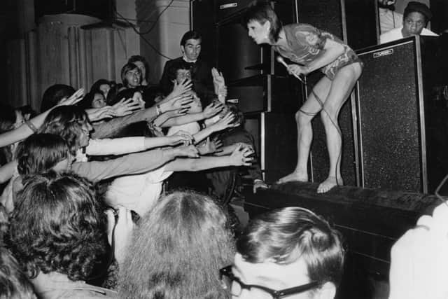 David Bowie in concert at the Hammersmith Odeon, on 3rd July 1973, the last concert performed in the guise of his spacerocker character Ziggy Stardust. (Photo by Steve Wood/Express/Getty Images)