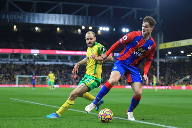 Teemu Pukki of Norwich City and Joachim Andersen  (Photo by Stephen Pond/Getty Images)
