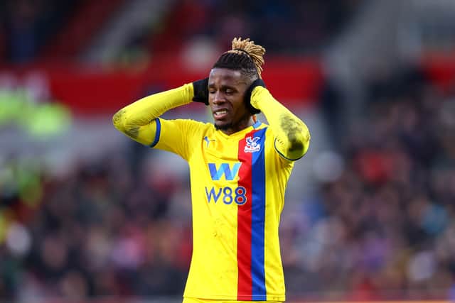 Wilfried Zaha of Crystal Palace reacts during the Premier League match  (Photo by Dan Istitene/Getty Images)