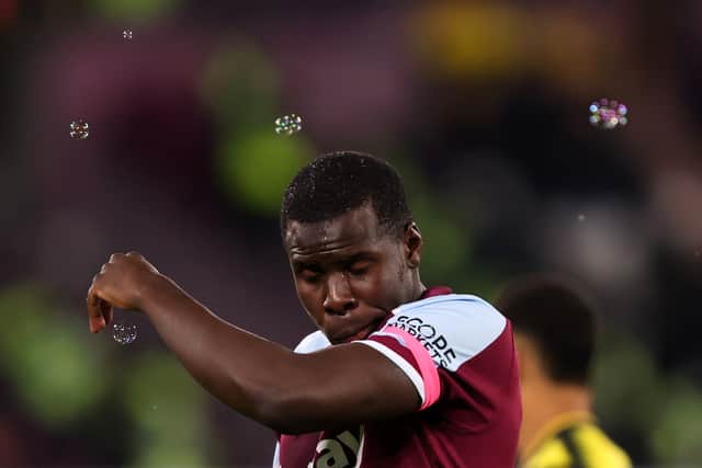 Kurt Zouma of West Ham United during the Premier League match between West Ham United (Photo by Marc Atkins/Getty Images)