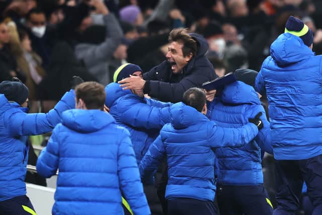 Antonio Conte, Manager of Tottenham Hotspur celebrates his sides second (Photo by Alex Pantling/Getty Images )