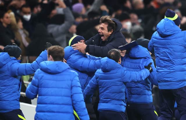 Antonio Conte, Manager of Tottenham Hotspur celebrates his sides second (Photo by Alex Pantling/Getty Images )
