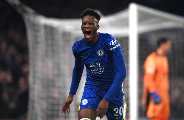 Callum Hudson-Odoi of Chelsea celebrates after scoring their side's third goal (Photo by Mike Hewitt/Getty Images)