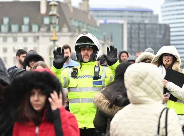 <p>Pedestrians evacuate Westminster Bridge in London following a security alert. Photo: AFP/Getty</p>