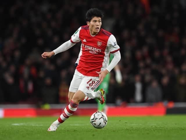 Takehiro Tomiyasu of Arsenal during the Carabao Cup Semi Final Second Leg match (Photo by David Price/Arsenal FC via Getty Images)