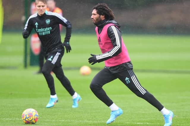 Mo Elneny of Arsenal during a training session at London Colney  (Photo by Stuart MacFarlane/Arsenal FC via Getty Images)
