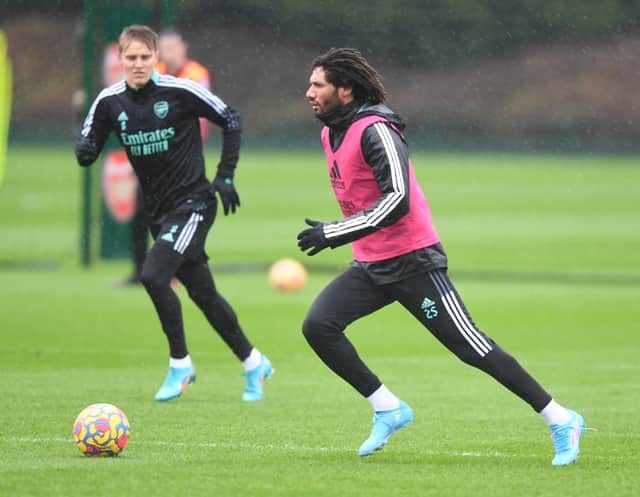 Mo Elneny of Arsenal during a training session at London Colney  (Photo by Stuart MacFarlane/Arsenal FC via Getty Images)