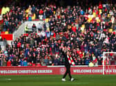 New signing Christian Eriksen of Brentford acknowledges the fans prior to the Premier League (Photo by Dan Istitene/Getty Images)