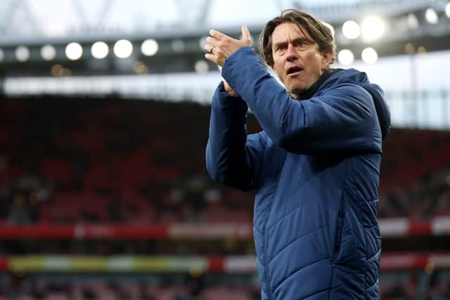 Thomas Frank, Manager of Brentford acknowledges the fans after the Premier League match (Photo by Mark Thompson/Getty Images)