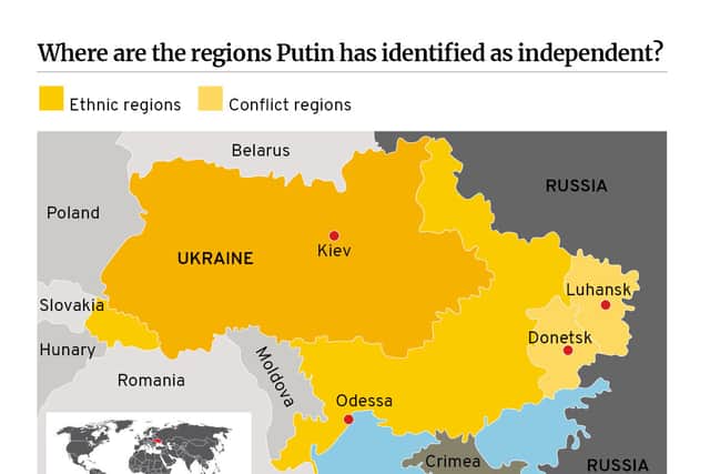 A map of Ukraine showing the regions claimed as independent by Vladimir Putin and Odessa on the Black Sea. Credit: Mark Hall