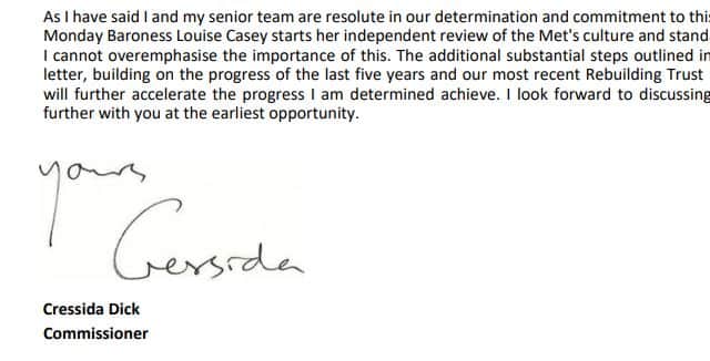 Dame Cressida Dick’s letter to Sadiq Khan. Credit: Met Police