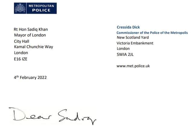 Dame Cressida Dick’s letter to Sadiq Khan. Credit: Met Police