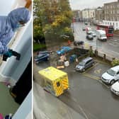  A forensic officer (L) & an ambulance (R) parked outside the building.  The body of a skeleton has been found in a London flat - after reports of a bad smell for over two YEARS, neighbours said. Credit: SWNS