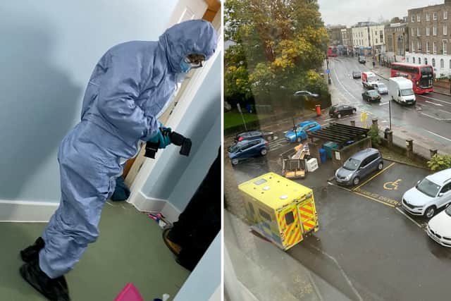 A forensic officer (L) & an ambulance (R) parked outside the building. The body of a skeleton has been found in a London flat - after reports of a bad smell for over two YEARS, neighbours said. Credit: SWNS
