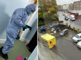  A forensic officer (L) & an ambulance (R) parked outside the building.  The body of a skeleton has been found in a London flat - after reports of a bad smell for over two YEARS, neighbours said. Credit: SWNS