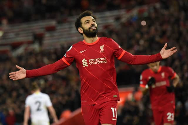 Mo Salah celebrates scoring for Liverpool. Picture: John Powell/Liverpool FC via Getty Images