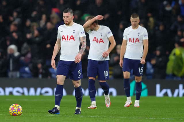 Pierre-Emile Hojbjerg of Tottenham Hotspur reacts after Ben Mee scores for Burnley. Credit: Alex Livesey/Getty Images