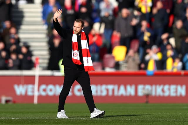 New signing Christian Eriksen of Brentford acknowledges the fans  (Photo by Dan Istitene/Getty Images)