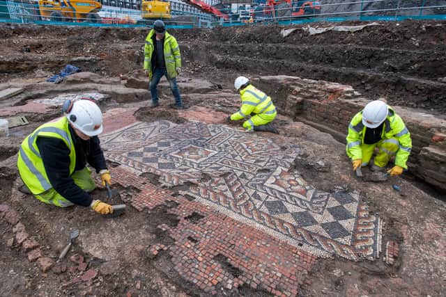 Archaeologists have uncovered the largest area of Roman mosaic found in London for more than half a century.