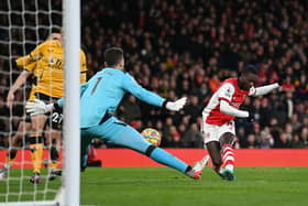 Nicolas Pepe scores for Arsenal against Wolves. Credit: Shaun Botterill/Getty Images