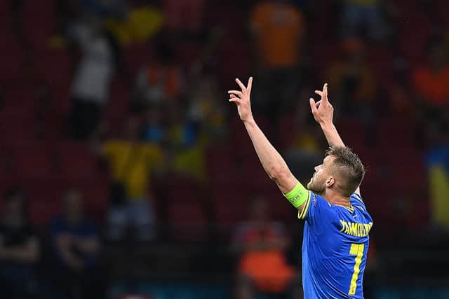 Andriy Yarmolenko celebrates scoring for Ukraine at the Euros. Credit: JOHN THYS/POOL/AFP via Getty Images