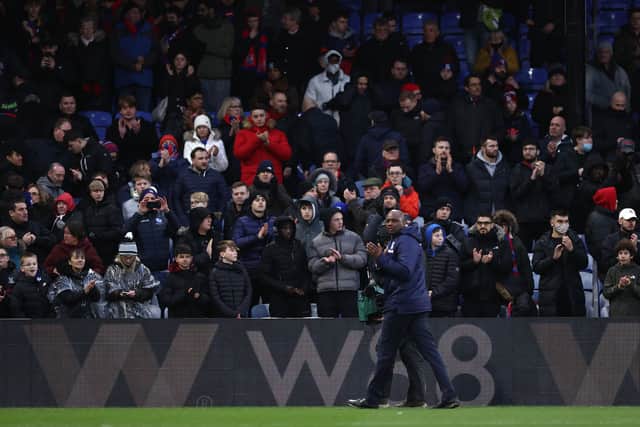 Patrick Vieira, Manager of Crystal Palace applauds fans after their sides (Photo by Ryan Pierse/Getty Images)