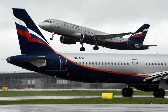 An Aeroflot’s aircraft takes off at Moscow’s Sheremetyevo international airport, the aircraft has been dropped as a sponsor of Manchester United and is banned from UK airspace.