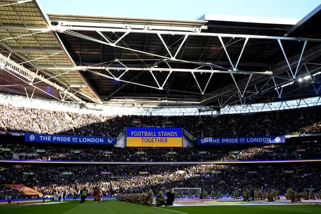 General view inside the stadium as a message of support for Ukraine (Photo by Shaun Botterill/Getty Images)