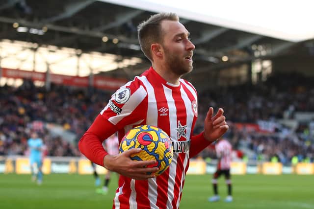 Christian Eriksen of Brentford during the Premier League match  (Photo by Marc Atkins/Getty Images)