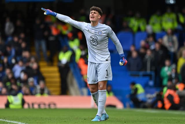 goalkeeper Kepa Arrizabalaga gestures during the English FA Cup fourth round  (Photo by GLYN KIRK/AFP via Getty Images)