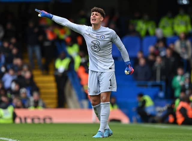 Goalkeeper Kepa Arrizabalaga gestures during the English FA Cup fourth round  (Photo by GLYN KIRK/AFP via Getty Images)