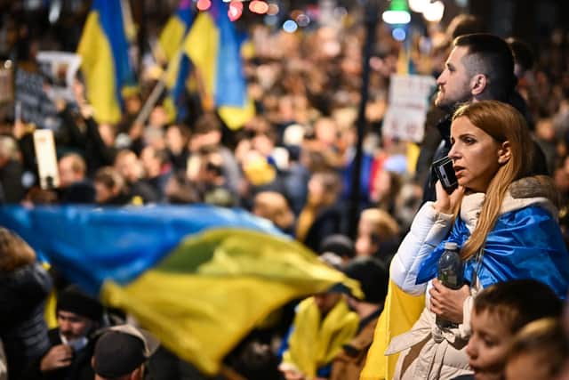 People demonstrate in support of Ukraine in Whitehall outside of Downing Street. Credit: Jeff J Mitchell/Getty Images