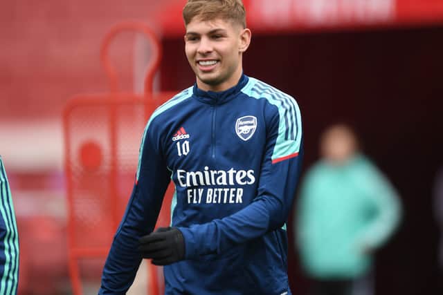  Emile Smith Rowe of Arsenal during a training session at Emirates Stadium on March 01  (Photo by Stuart MacFarlane/Arsenal FC via Getty Images)