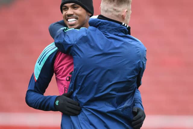 Gabriel and Aaron Ramsdale of Arsenal during a training session at Emirates Stadium. Credit: Stuart MacFarlane/Arsenal FC via Getty Images