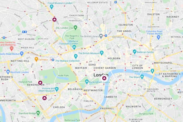 Four Russian owned properties in London. Photo: Google MyMaps