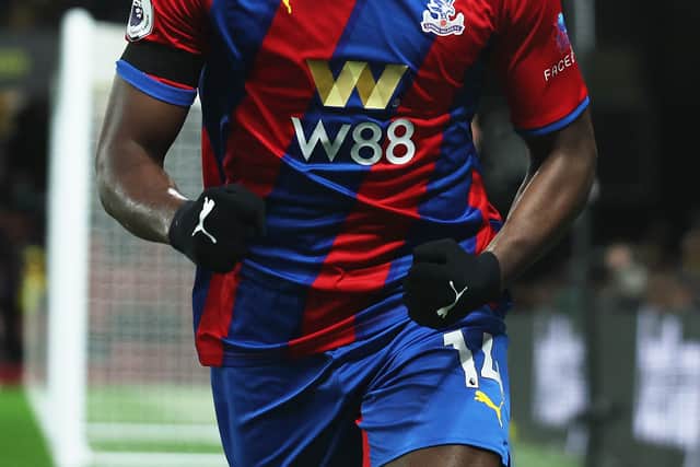 Jean-Philippe Mateta of Crystal Palace celebrates after scoring their team's first goal (Photo by Eddie Keogh/Getty Images)