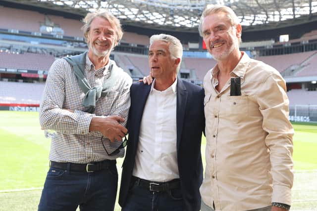 Nice's French club president Jean-Pierre Rivere (C) poses with British INEOS Group chairman Jim Ratcliffe (L) and CEO of INEOS Football Bob Ratcliffe (R)