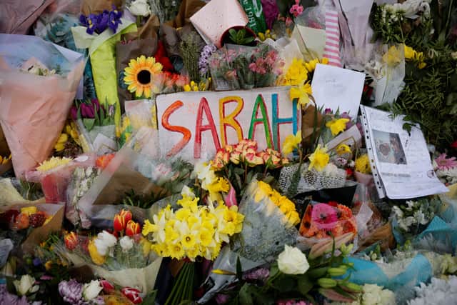 Floral tributes and messages in honour of Sarah Everard. Photo: Getty