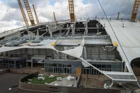  Damage is seen on the roof of the O2 Arena, formerly known as the Millennium Dome, from Storm Eunice. Credit: Getty Images