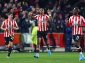  Ivan Toney of Brentford celebrates after scoring their side's first goal during the Premier League (Photo by Clive Rose/Getty Images)