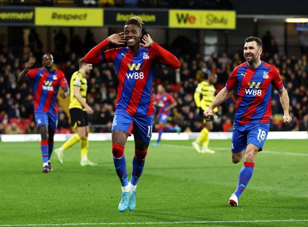 <p>Wilfried Zaha celebrates with teammate James McArthur of Crystal Palace after scoring . (Photo by Paul Harding/Getty Images)</p>