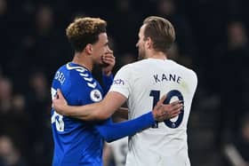 Dele Alli reacts with former teammate Tottenham Hotspur’s English striker Harry Kane on his first return to the Tottenham Hotspur Stadium since moving to Everton. Credit: BEN STANSALL/AFP via Getty Images