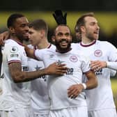 Bryan Mbeumo of Brentford celebrates with teammate Ivan Toney after scoring a goal (Photo by Julian Finney/Getty Images)