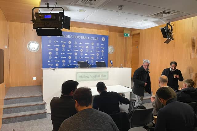 Preparations for Chelsea’s first in-person press conference in two years. Credit: Rahman Osman