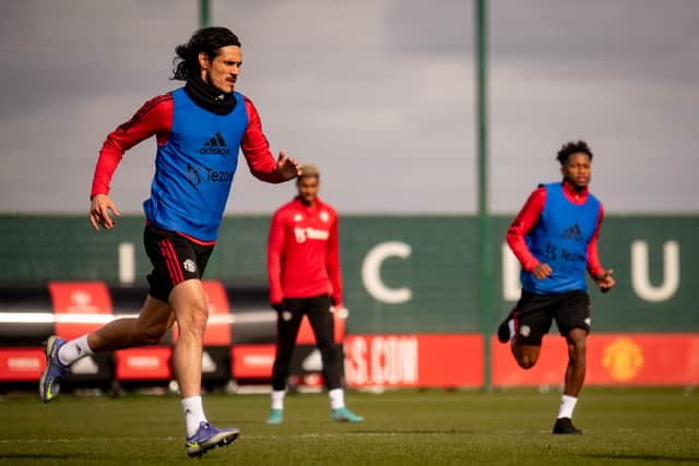 Edinson Cavani of Manchester United in action during a first team training (Photo by Ash Donelon/Manchester United via Getty Images)