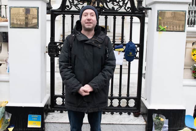 Dean Stubbs, 40, from Camden, outside of the Ukrainian embassy to offer his help to fight the Russians. He has no military background and has not even told his family that he is trying to sign up. Credit: SWNS