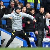 Thomas Tuchel, Manager of Chelsea reacts after Kai Havertz (not pictured) scores their sides first goal (Photo by Clive Mason/Getty Images)