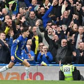 Chelsea's German midfielder Kai Havertz celebrates scoring the opening goal during the English Premier League football match  (Photo by JUSTIN TALLIS/AFP via Getty Images)