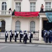 Protestors occupying 5 Belgrave Square, which is owned by the family of a sanctioned oligarch.